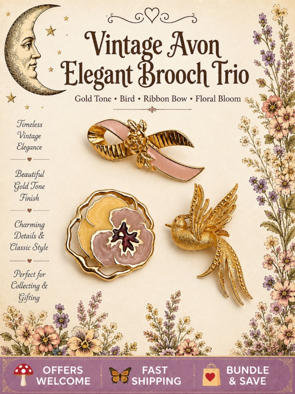 Set of 3 Vintage Avon Brooches Bird Ribbon Bow Floral Gold Tone